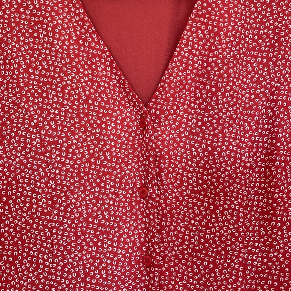 Lulu's Red Patterned V-Neck Button-Down Skater Dr… - image 2